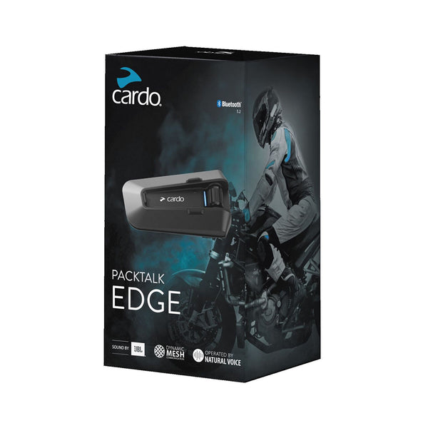 Packaging box for the Cardo Packtalk Edge motorcycle headset with an image of a rider wearing the headset and a motorcycle.