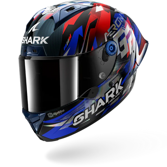 Shark motorcycle helmet with colorful design on a white background