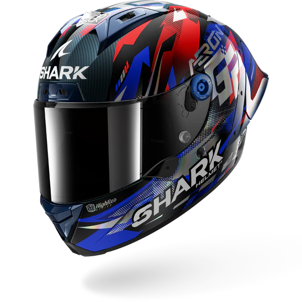 Shark motorcycle helmet with colorful design on a white background
