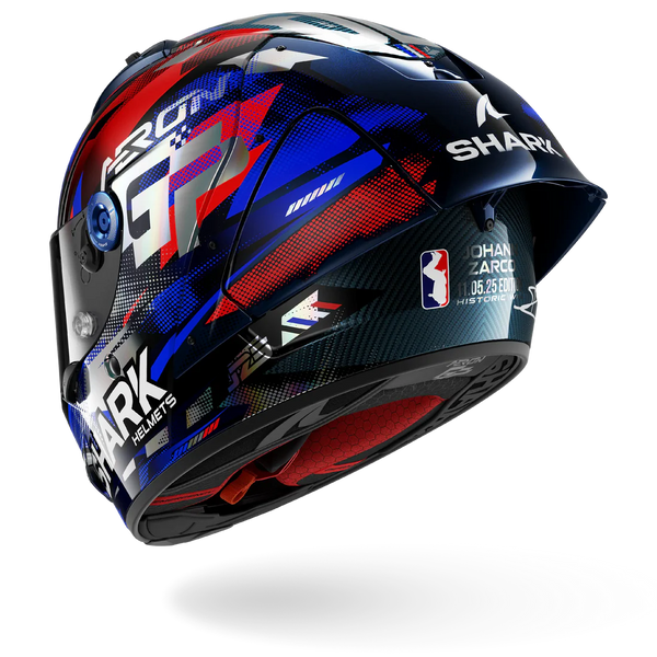 Shark motorcycle helmet with colorful design on a white background