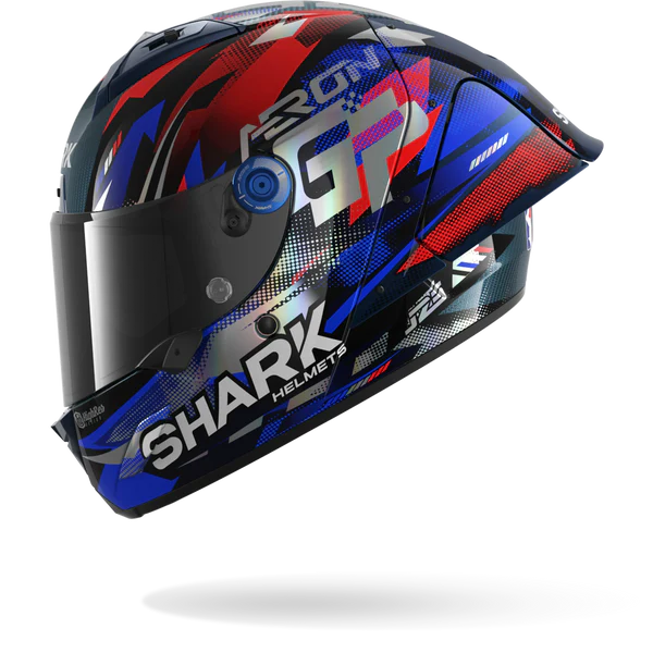 Colorful motorcycle helmet with 'Shark' branding on a white background