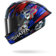 Colorful motorcycle helmet with 'Shark' branding on a white background
