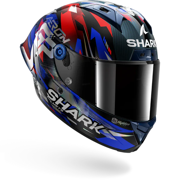 Shark motorcycle helmet with colorful design on a white background