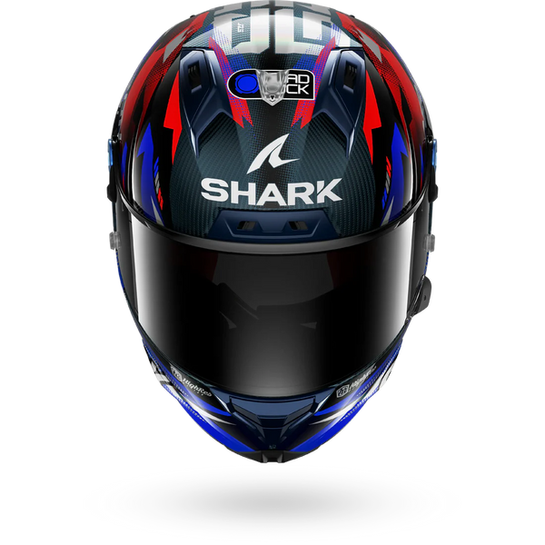 Shark motorcycle helmet with colorful design on a white background
