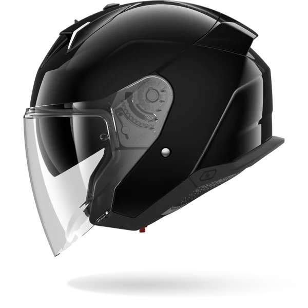 Black motorcycle helmet with clear visor on a white background
