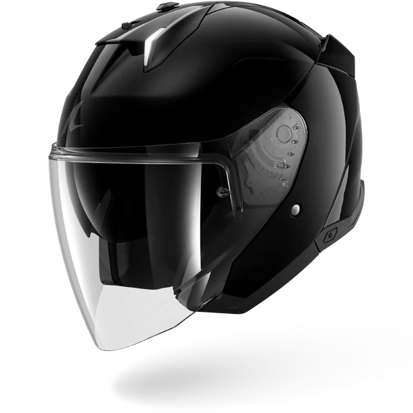 Black motorcycle helmet with clear visor on a white background