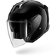 Black motorcycle helmet with clear visor on a white background