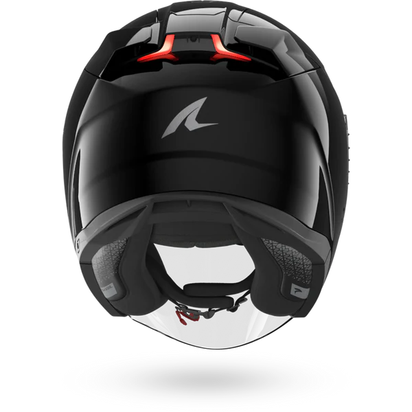 Black motorcycle helmet with a brand logo on a white background