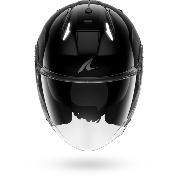 Black motorcycle helmet with clear visor on a white background