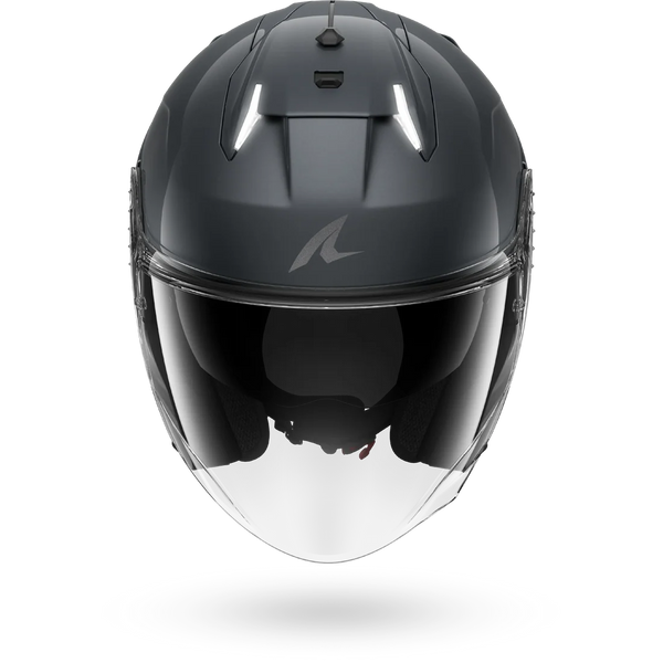 Black motorcycle helmet with clear visor on a white background