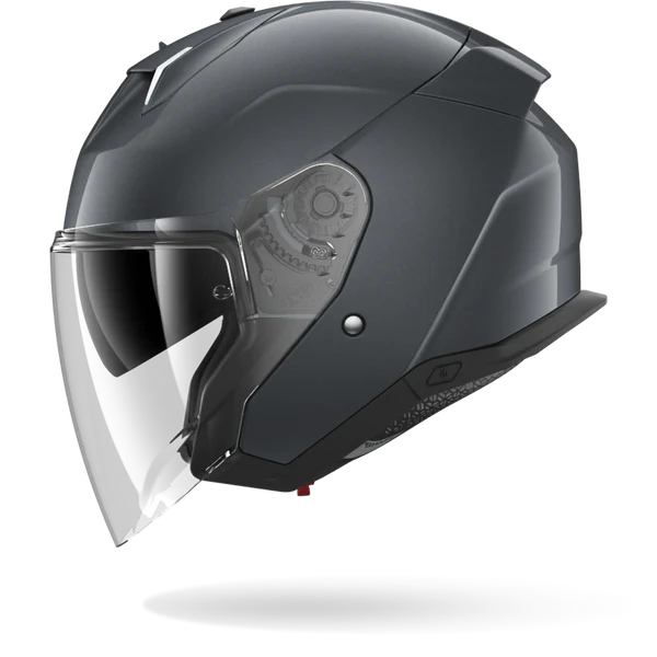 Black motorcycle helmet with clear visor on a white background