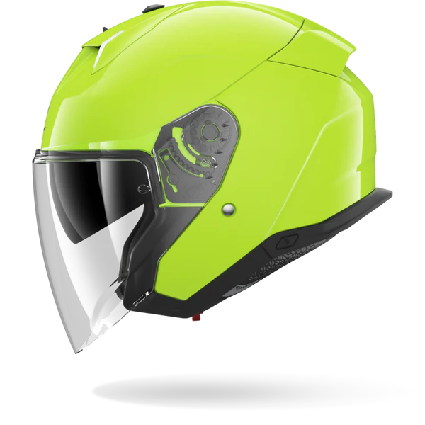 Yellow motorcycle helmet with clear visor on a white background