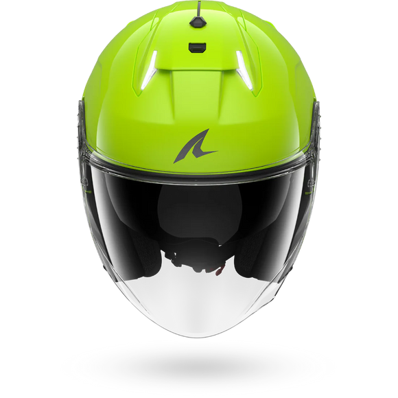 Yellow motorcycle helmet with clear visor on a white background