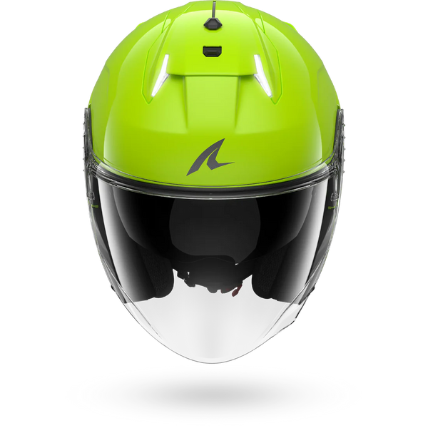 Yellow motorcycle helmet with clear visor on a white background
