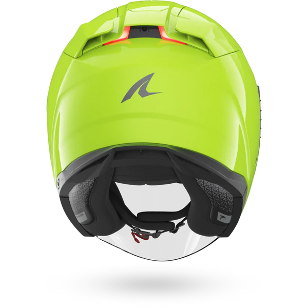 Green motorcycle helmet with a brand logo on a white background