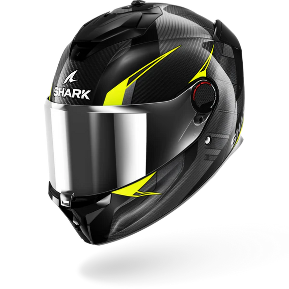 Black and yellow motorcycle helmet with clear visor on a white background