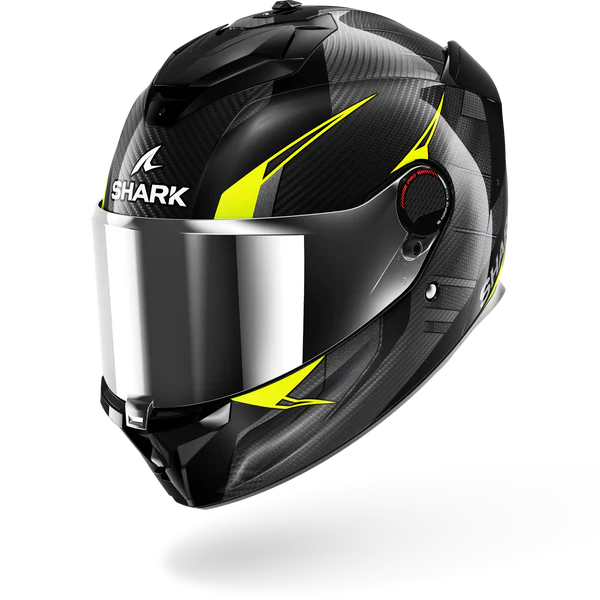Black and yellow motorcycle helmet with clear visor on a white background