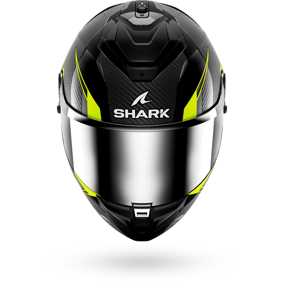 Shark motorcycle helmet with black, yellow, and silver design on a white background