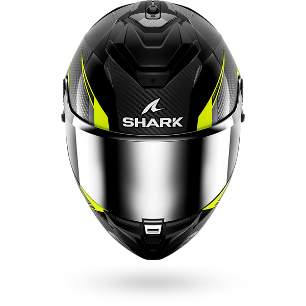 Shark motorcycle helmet with black, yellow, and silver design on a white background