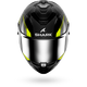 Shark motorcycle helmet with black, yellow, and silver design on a white background