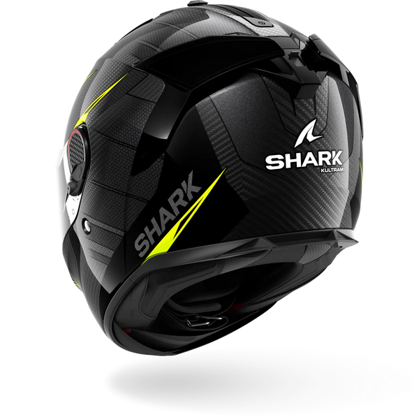 Black motorcycle helmet with yellow accents and Shark logo on a white background