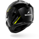 Black motorcycle helmet with yellow accents and Shark logo on a white background