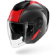 A carbon fiber full-face motorcycle helmet with red accents and a clear visor, shown floating against a white background.