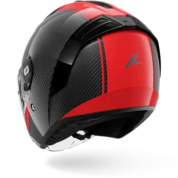 A red and black carbon fiber motorcycle helmet with a clear visor, shown at a three-quarter angle on a white background.